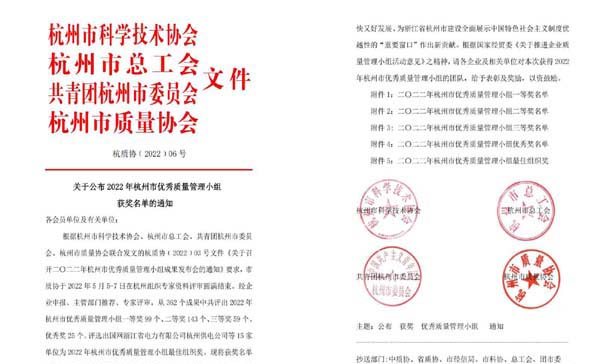 喜報！杭叉集團(tuán)七個QC成果榮獲杭州市優(yōu)秀質(zhì)量管理小組獎
